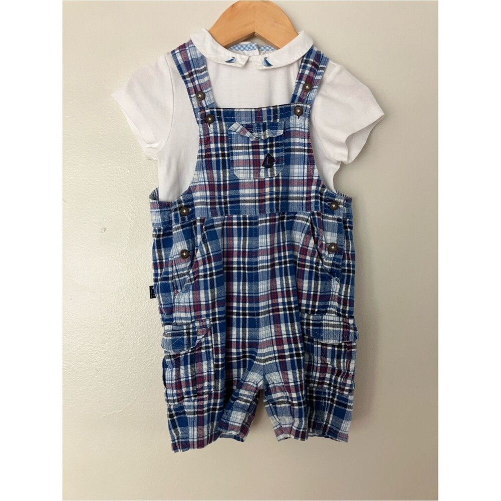 JoJo Maman Bebe 18-24m Plaid Overalls & Bodysuit Set with Embroidered Sailboats
